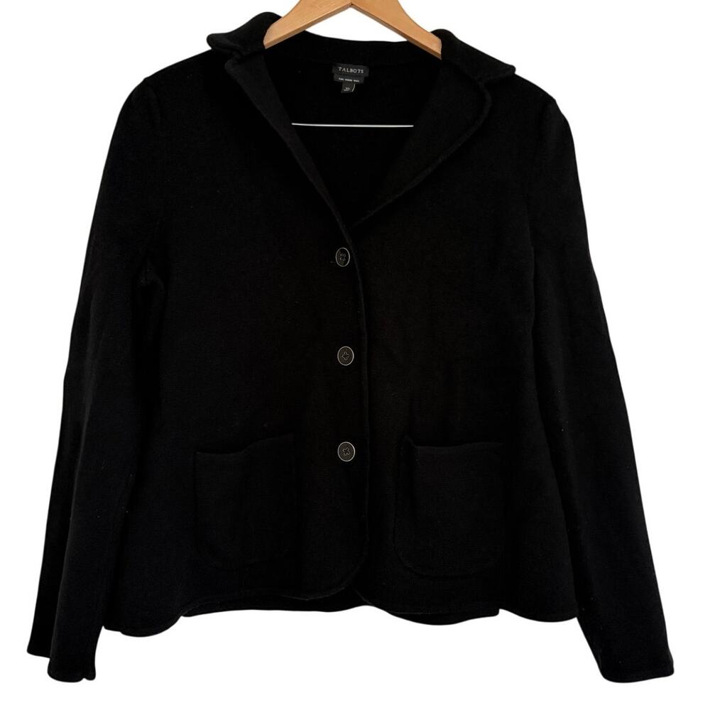 Talbots Black Merino Wool Button Work Blazer Cardigan Sweater Women Large